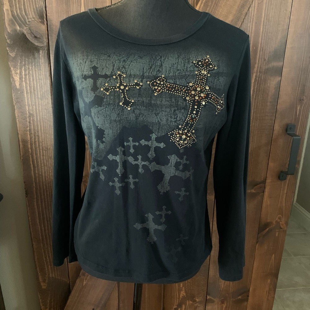Gothic Styled Black Top‎ Studded Cross Print